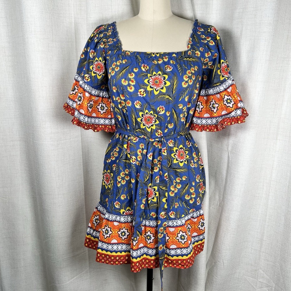 NEW! Joie Chloris Dress Baja Blue Bell Sleeve Floral Boho Peasant Small Belt
